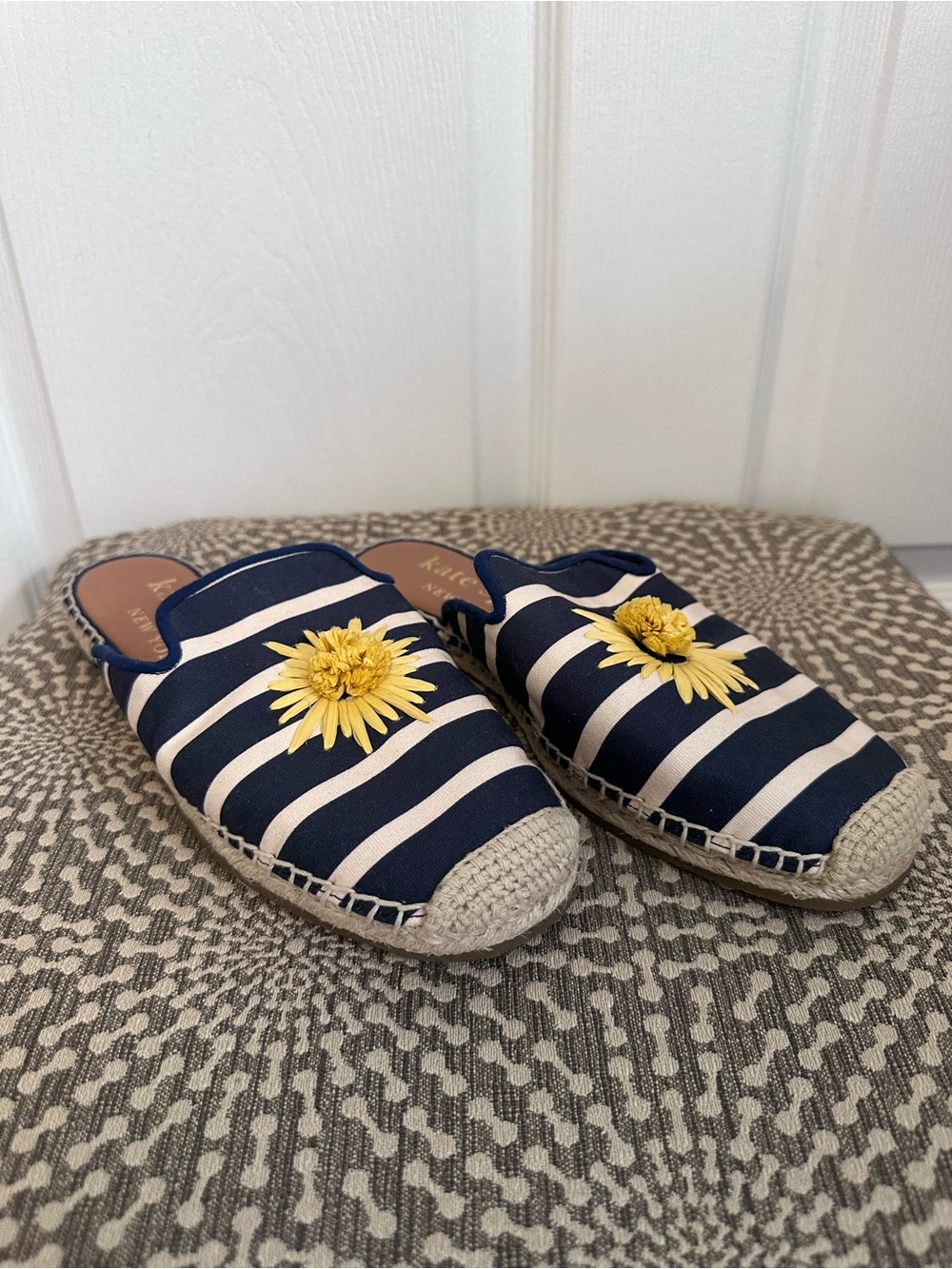 kate spade Navy & White Striped Slip-On Espadrilles with Yellow Flower